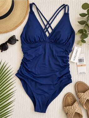 Jantzen One Piece Swimsuit Size 12 Blue Tummy Control Strappy Back Ruched NWT